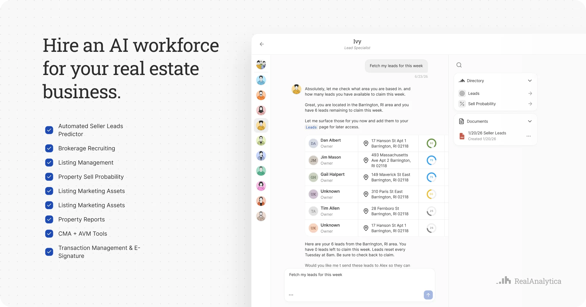 The Atlas AI workforce covering leads, listings, marketing, reports, and transactions